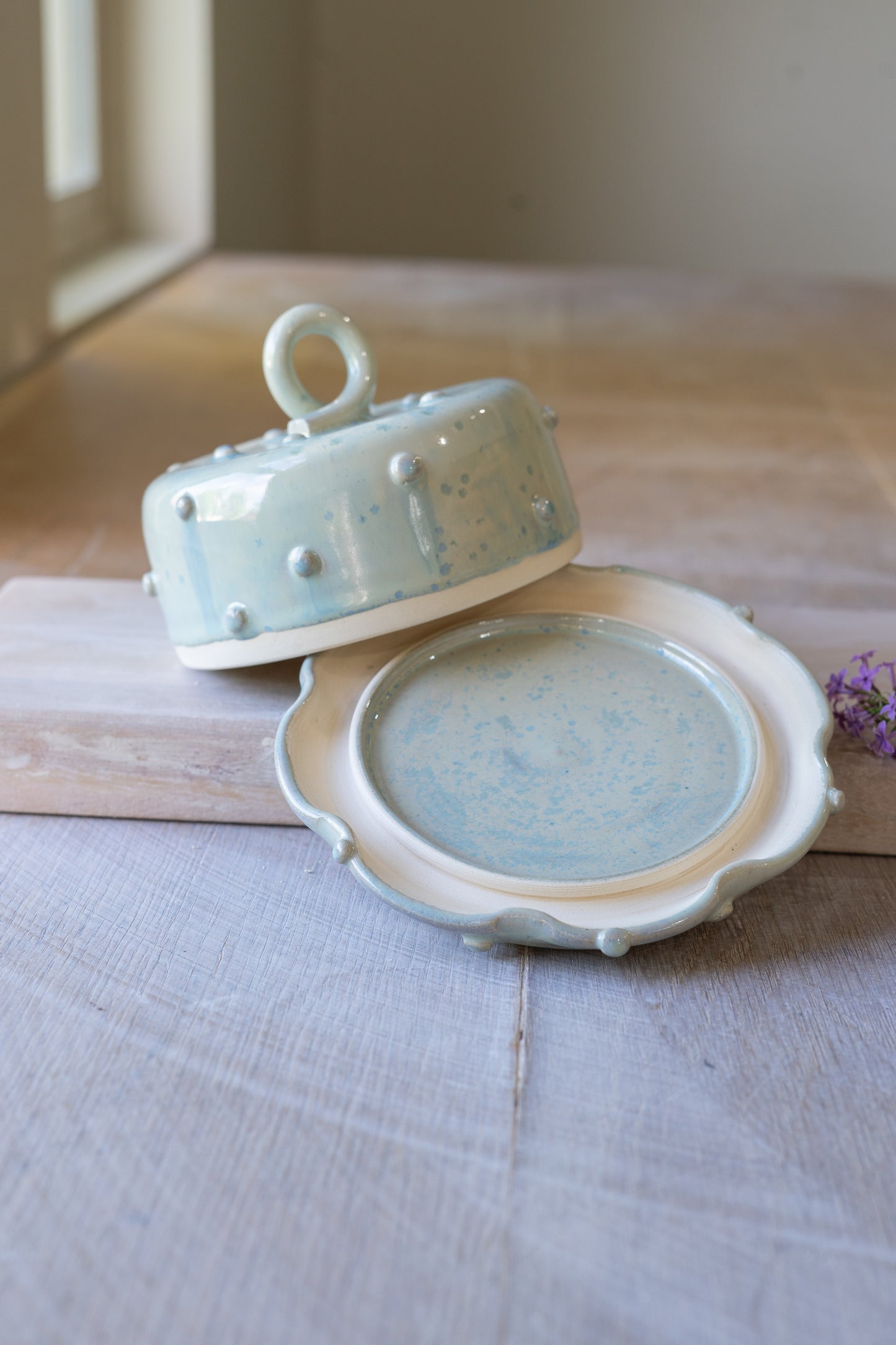 Bold Dot Butter Dish in Aqua