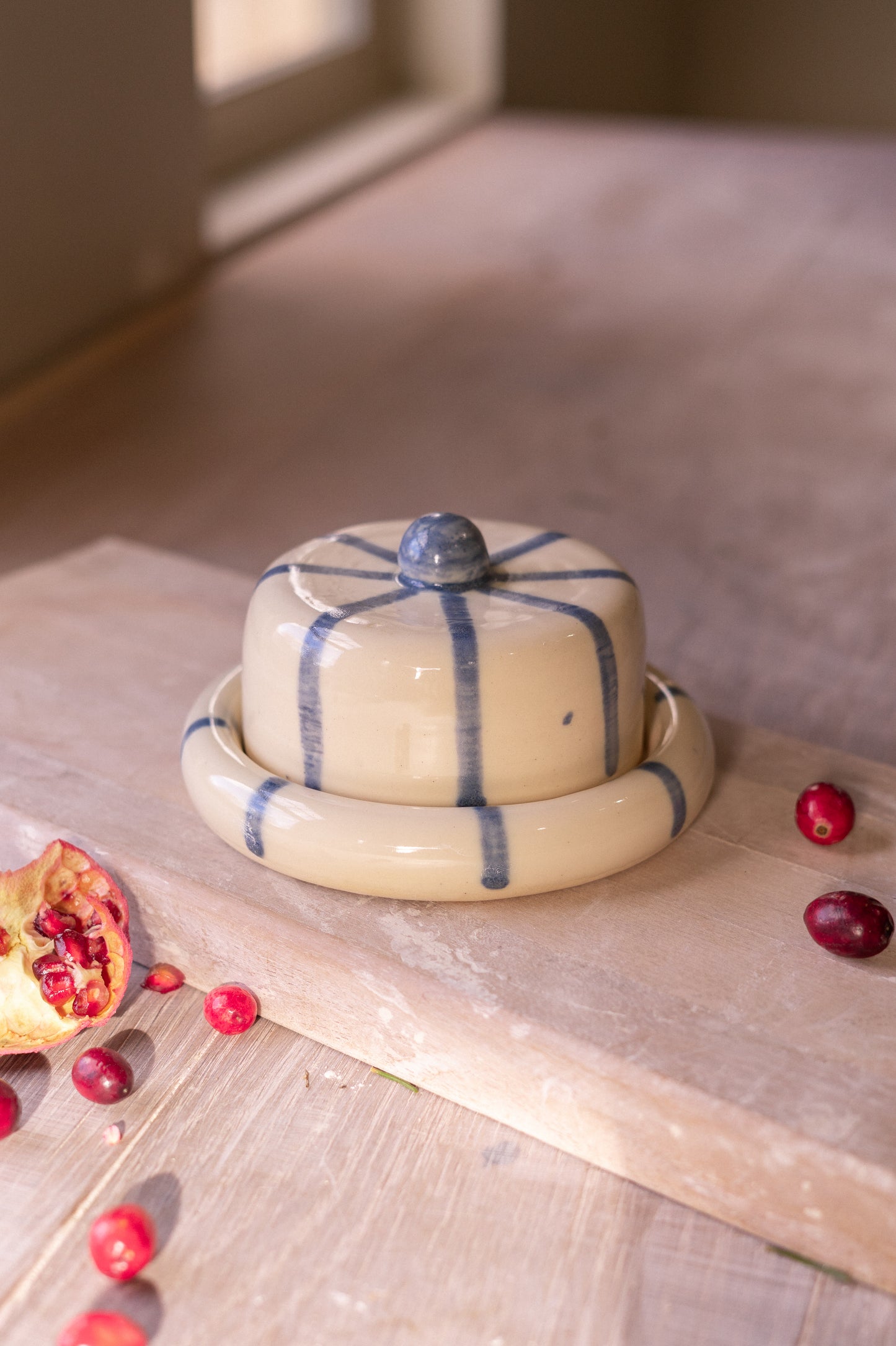Donut Butter Dish in Blue Circus Stripe