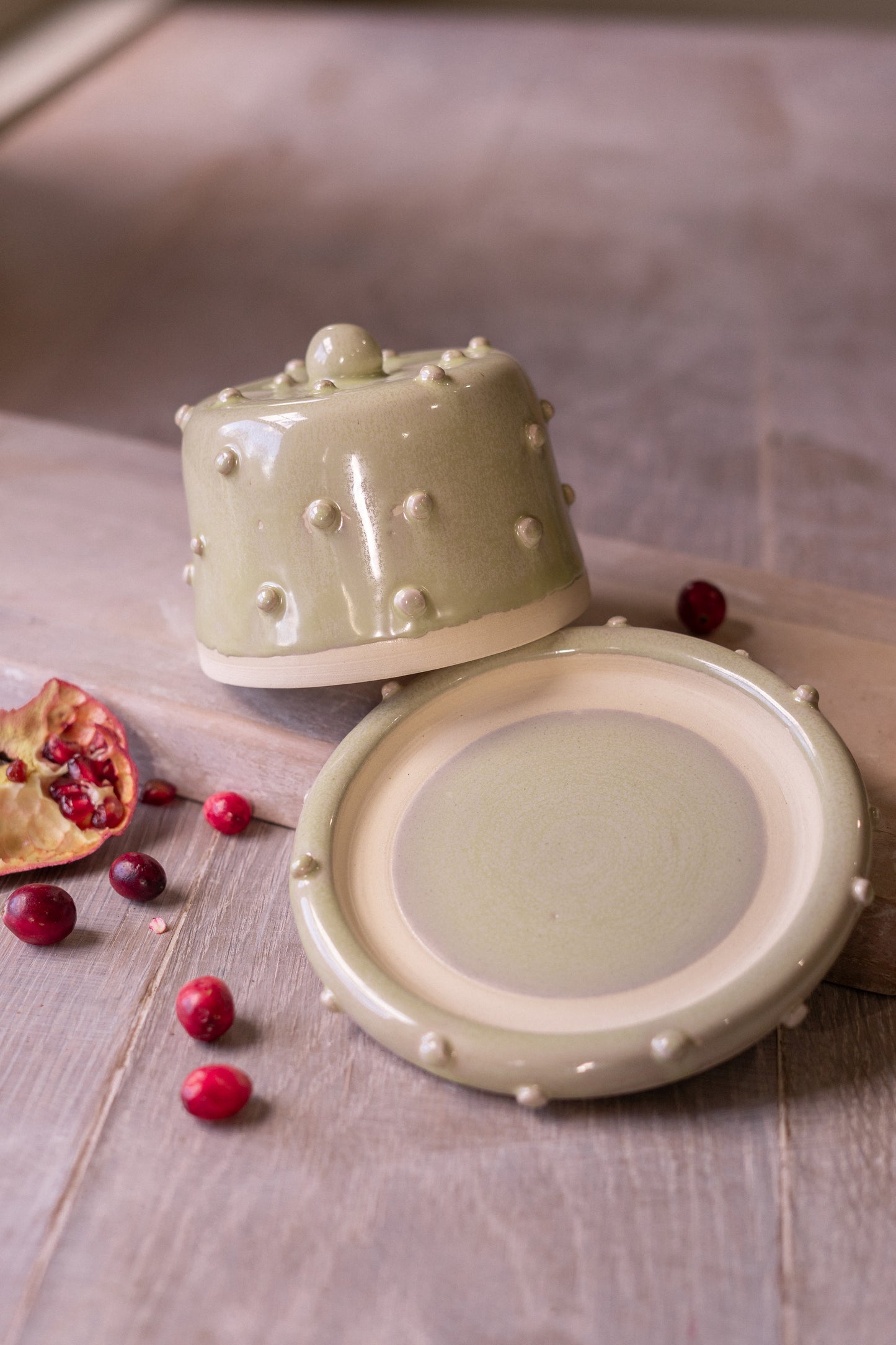 Donut Butter Dish in Bold Sage Dots