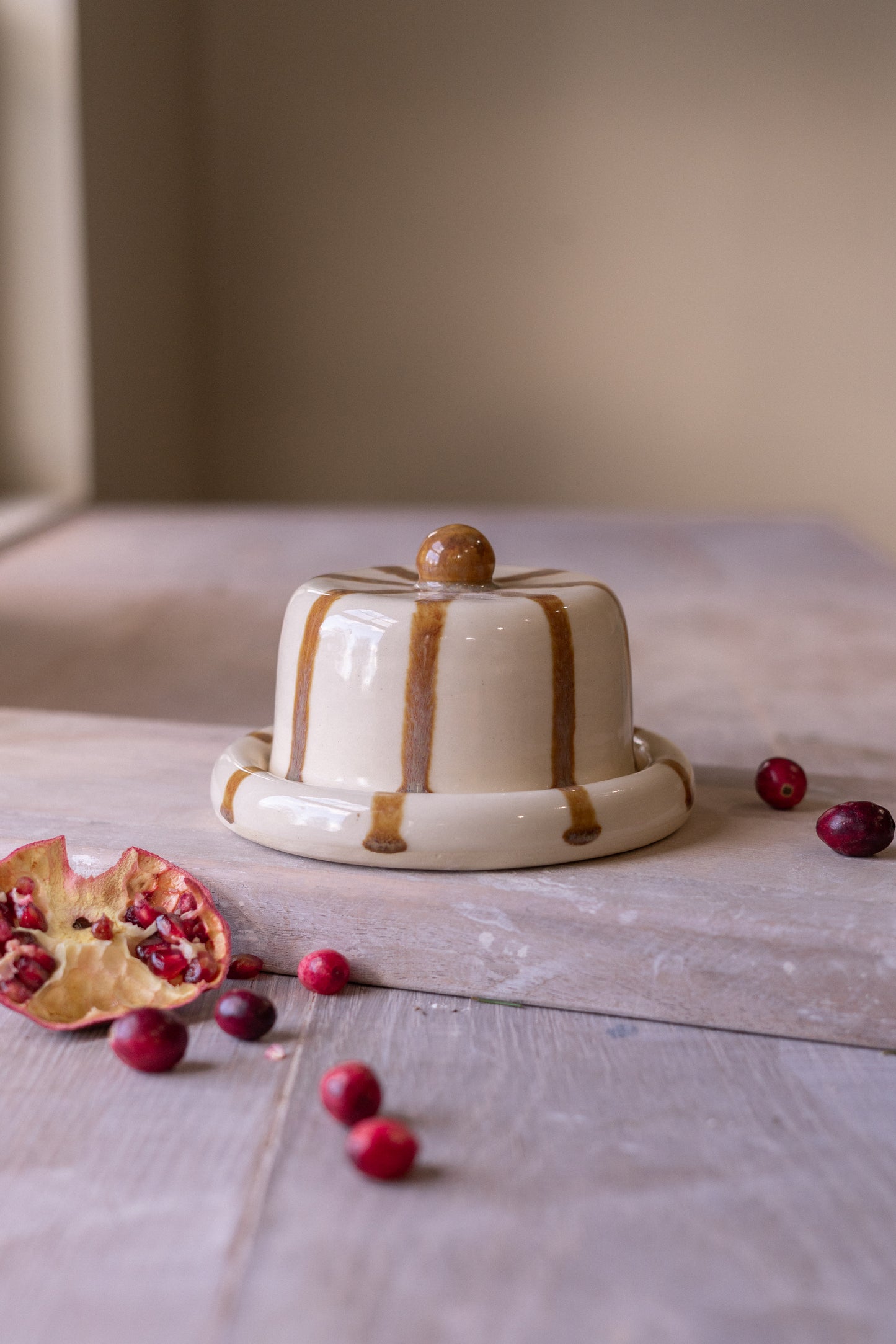 Donut Butter Dish in Brown Circus Stripe